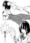  bird_wings black_hair bow bowtie collared_shirt feather_fan greyscale hat kamukamu_(ars) looking_afar looking_at_viewer monochrome pom_pom_(clothes) shameimaru_aya shirt short_hair smile tokin_hat touhou wings 