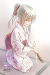  alternate_costume alternate_hairstyle brown_hair hair_ribbon japanese_clothes kantai_collection katana kimono looking_at_viewer morigami_(morigami_no_yashiro) obi ponytail ribbon sash seiza shoukaku_(kantai_collection) silver_hair sitting solo sword twitter_username weapon white_kimono 