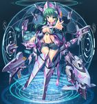  :o absurdres blue_eyes breasts green_hair headgear highres large_breasts long_hair looking_at_viewer mecha_musume navel open_mouth original reaching solo tonchan v-shaped_eyebrows 