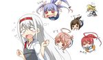  :d ahoge b-man blonde_hair blue_eyes book brown_eyes brown_hair chibi drooling fang glasses hair_ornament hair_ribbon hairband i-168_(kantai_collection) i-19_(kantai_collection) i-401_(kantai_collection) i-58_(kantai_collection) i-8_(kantai_collection) innertube kantai_collection long_hair multiple_girls open_mouth ponytail puchimasu! red_eyes red_hair ribbon school_swimsuit school_uniform serafuku short_hair shoukaku_(kantai_collection) silver_hair simple_background sitting sitting_on_object smile swimsuit swimsuit_under_clothes translated twintails wavy_mouth white_background 