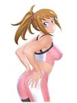  ass bike_shorts blue_eyes blush breasts brown_hair covered_nipples cowboy_shot from_side gundam gundam_build_fighters gundam_build_fighters_try hands_on_ass highres hoshino_fumina large_breasts long_hair looking_at_viewer ponytail shoumaru_(gadget_box) simple_background skin_tight smile solo sports_bra white_background 