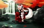  animal_ears autumn_leaves bad_id bad_pixiv_id bare_shoulders black_scarf bridal_gauntlets detached_sleeves full_body hat highres inubashiri_momiji katana leaf looking_at_viewer nature open_mouth piroriking pom_pom_(clothes) red_eyes scarf short_hair solo sword tail tokin_hat touhou tree water waterfall weapon wolf_ears wolf_tail 