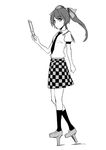  cellphone cellphone_camera checkered checkered_skirt collared_shirt expressionless flat_chest geta greyscale hat himekaidou_hatate kamukamu_(ars) looking_at_viewer miniskirt monochrome necktie phone shirt skirt solo tengu-geta tokin_hat touhou twintails 