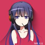  bangs black_hair food headphones highres long_hair mouth_hold piripun pocky pocky_day purple_eyes red_background solo sora_no_method togawa_shione upper_body 