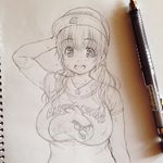  angry_birds baseball_cap blush breasts cameo ears graphite_(medium) hat huge_breasts looking_at_viewer monochrome naruto naruto_(series) nitroplus open_mouth plump red_(angry_birds) short_hair sketchbook smile solo super_pochaco sweat traditional_media tsuji_santa twintails 