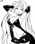  :d armpits arms_up artist_name blush breasts choker cleavage collarbone elbow_gloves gloves greyscale highleg highleg_panties highres large_breasts lieselotte_sherlock long_hair monochrome navel open_mouth panties short_shorts shorts signature simple_background sketch sky_(freedom) smile solo thong trinity_seven twintails underwear very_long_hair white_background 
