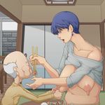  1boy 1girl age_difference aratama_(a-tama) blue_eyes blue_hair breasts indoors large_breasts milf old_man open_mouth short_hair 
