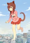  :&lt; ai-wa animal_ears bare_legs barefoot braid brown_eyes brown_hair cat_ears cat_tail city cloud day full_body giantess hair_over_shoulder highres jitome madotsuki miniskirt non-web_source paw_pose pink_shirt pleated_skirt shirt skirt sky solo standing standing_on_one_leg sweater tail thigh_gap twin_braids yume_nikki 