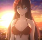  1girl asami_lilith bikini blue_eyes breasts cleavage large_breasts long_hair red_hair screencap sunset swimsuit trinity_seven 
