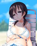  beach bikini black_hair blue_bikini blush breasts brown_eyes day jindai_komaki large_breasts long_hair low_twintails lying navel onsoku_maru open_mouth saki solo swimsuit twintails 