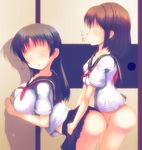  blush bottomless breasts brown_hair closed_eyes dry_humping humping large_breasts medium_breasts multiple_girls no_panties onjouji_toki rantefu_(ranteru) saki saki_achiga-hen school_uniform senriyama_school_uniform serafuku shimizudani_ryuuka short_sleeves yuri 