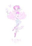  1girl artist_name ballet_slippers blush breasts bug butterfly character_name cleavage double_bun eyes_closed frills full_body hair_bun hair_ribbon happy head_tilt insect kaninn leg_ribbon open_mouth outstretched_arms pink_pearl_(steven_universe) pink_ribbon pink_skin ribbon simple_background small_breasts solo spoilers steven_universe stomach_jewel thighhighs tiptoes twitter_username white_background 