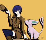  1girl blue_eyes blue_hair blue_legwear bow coat cosplay crossover dh_(brink_of_memories) espeon hat_tip persona persona_4 pokemon pokemon_(game) pokemon_xy shirogane_naoto short_hair sitting thighhighs very_short_hair 