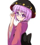  bespectacled bowl bowl_hat glasses hat japanese_clothes kimono obi purple_eyes purple_hair sash short_hair simple_background smile solo sukuna_shinmyoumaru touhou utakata_(azaka00) white_background 