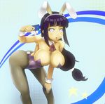  1girl animal_ears armpits artist_request bare_shoulders blush breasts bunny_ears bunny_tail bunnysuit card cards cleavage detached_collar fake_animal_ears female hanging_breasts hyuuga_hinata large_breasts leaning_forward leotard long_hair naruto open_mouth pantyhose ponytail purple_hair sakuama silver_eyes solo standing tail wrist_cuffs 
