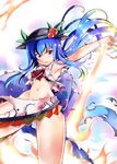  ass blue_hair bow dissolving_clothes food fruit groin hat hinanawi_tenshi kiku_hitomoji long_hair looking_at_viewer midriff navel outstretched_arm peach red_eyes solo sword_of_hisou touhou very_long_hair 