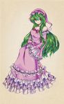  adapted_costume bad_id bad_pixiv_id bare_shoulders bow brown_eyes choker expressionless frills full_body gradient_eyes green_hair hat highres kazami_yuuka kazami_yuuka_(pc-98) lingkong_(saki) long_hair long_sleeves looking_at_viewer multicolored multicolored_eyes night_clothes nightcap nightgown touhou touhou_(pc-98) 