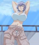  1girl arbeit_shiyou!!_let`s_arbeit! areolae armpits arms_behind_head arms_up bra breasts cleavage erect_nipples eyes_closed harase_yuri huge_breasts midriff navel nipples purple_hair screencap see-through short_hair smile solo sports_bra standing stitched underwear 