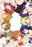  ayase_eli black_hair blue_eyes blue_hair bow brown_eyes brown_hair from_above green_eyes hair_bow hairband highres holding_hands hoshizora_rin koizumi_hanayo kousaka_honoka light_brown_hair looking_at_viewer love_live! love_live!_school_idol_project lying minami_kotori multiple_girls nishikino_maki ogipote on_back on_side one_eye_closed open_mouth outstretched_arm outstretched_hand puffy_short_sleeves puffy_sleeves purple_eyes purple_hair purple_scrunchie red_eyes red_hair scrunchie short_sleeves smile sonoda_umi toujou_nozomi twintails white_scrunchie yazawa_nico 