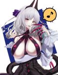  1girl alternate_costume breasts carmilla_(fate/grand_order) claws corset cosplay curly_hair detached_sleeves elizabeth_bathory_(fate) elizabeth_bathory_(fate)_(all) elizabeth_bathory_(fate)_(cosplay) fangs fate/grand_order fate_(series) fingernails fujitsubo_(hujitubo0731) grey_hair highres large_breasts long_fingernails looking_at_viewer musical_note nail_polish pink_nails solo spoken_musical_note tail upper_body yellow_eyes 