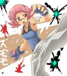  bandaid blue_gloves covered_navel dyson_(edaokunnsaikouya) fingerless_gloves flipped_hair gloves gym_leader kicking paint_splatter pink_eyes pink_hair pokemon pokemon_(game) pokemon_dppt short_hair solo sumomo_(pokemon) sweat training 