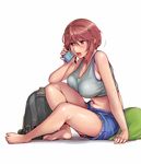  backpack bag barefoot blush breasts brown_eyes brown_hair camera cellphone cleavage full_body large_breasts midriff navel older open_mouth phone rozen_maiden short_hair short_shorts shorts simple_background sitting solo souseiseki tank_top tsuda_nanafushi white_background 