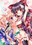  :d amelie-san_(nogi_takayoshi) black_hair blue_eyes bow breasts brown_eyes brown_hair cherry_blossoms flower hair_bow hair_flower hair_ornament hair_ribbon head_hug japanese_clothes lolita_fashion long_hair looking_at_viewer medium_breasts mio-chan_(nogi_takayoshi) multiple_girls nogi_takayoshi open_mouth original petals ribbon sideboob smile wa_lolita 