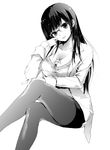  bad_id bad_pixiv_id between_breasts breasts chibi cleavage collarbone crossed_legs glasses greyscale head_tilt koshika_rina labcoat large_breasts long_hair looking_at_viewer minigirl monochrome multiple_girls original pantyhose pencil_skirt person_between_breasts simple_background sitting skirt solo_focus white_background 