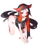  all_fours bad_id bad_pixiv_id black_hair bottomless breasts downblouse long_hair mo_(mocopo) mouth_hold multicolored_hair original red_eyes red_hair simple_background small_breasts solo two-tone_hair very_long_hair white_background 