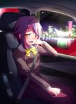  :d blush brown_eyes car car_interior ground_vehicle hair_ornament hairclip idolmaster idolmaster_cinderella_girls kobe kobe_maritime_museum kobe_port_tower koshimizu_sachiko landmark looking_at_viewer motor_vehicle natsumi_akira open_mouth purple_hair school_uniform short_hair skirt smile solo 