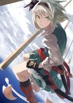  black_hairband blue_eyes boots cloud dress fingerless_gloves fujinohara_akihira gloves hairband katana konpaku_youmu looking_at_viewer short_hair silver_hair sky solo sword touhou weapon 