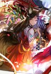  animal_ears brown_eyes brown_hair facial_mark fox_ears fox_tail japanese_clothes kitsune land_of_caromag long_hair looking_at_viewer miko original ran_(pixiv2957827) smile solo tail youkai 