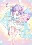  1girl :d alternate_hair_length alternate_hairstyle bare_shoulders binato_lulu blush blush_stickers bow character_doll floral_print hair_between_eyes hair_bow kami_jigen_game_neptune_v lavender_hair leg_up long_sleeves looking_at_viewer neptune_(neptune_series) neptune_(series) open_mouth pink_eyes pururut sandals signature skirt smile solo star starry_background striped striped_legwear thighhighs wide_sleeves 