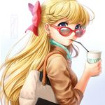  aino_minako bad_id bad_pixiv_id bag bangs bishoujo_senshi_sailor_moon bishoujo_senshi_sailor_moon_crystal blonde_hair blue_eyes blush bow brown_jacket casual cup disposable_cup drinking drinking_straw earrings eyelashes from_side gradient gradient_background grey_background hair_bow half_updo heart heart_earrings holding holding_cup jacket jewelry kotikomori long_hair looking_at_viewer mouth_hold red-framed_eyewear red_bow revision shoulder_bag sleeves_past_elbows solo sunglasses upper_body very_long_hair 