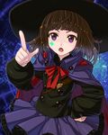  bangs blunt_bangs cape facial_mark hand_on_hip hat long_sleeves open_mouth pointing pointing_at_viewer purple_eyes rikken_(terra_battle) short_hair skirt solo terra_battle witch_hat yagitori 