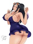  1girl armpits ass bare_shoulders black_hair breasts brown_eyes cleavage curvy erect_nipples huge_ass huge_breasts long_hair looking_at_viewer looking_back mikanberry nico_robin one_piece pixiv_manga_sample ponytail simple_background smile solo white_background wide_hips 
