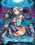  blue_eyes bodysuit breasts cleavage fish gia gradient_eyes headgear highres holographic_touchscreen legs looking_at_viewer mecha_musume medium_breasts multicolored multicolored_eyes original pasties pixelated pixelization red_eyes revealing_clothes science_fiction short_hair signature silver_hair solo thighhighs weapon 