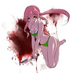  :p bad_id bad_pixiv_id barefoot bikini blood breast_squeeze breasts cleavage frilled_bikini frills front-tie_top gasai_yuno knife long_hair medium_breasts mirai_nikki navel pink_eyes pink_hair raind skindentation smile solo swimsuit tongue tongue_out twintails weapon 