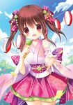  :d aono_ribbon bow brown_eyes brown_hair cloud day detached_sleeves hair_bow hair_ornament hair_ribbon holding idolmaster idolmaster_cinderella_girls japanese_clothes kimono lolita_fashion looking_at_viewer microphone ogata_chieri open_mouth reaching ribbon short_kimono sky smile solo twintails wa_lolita 