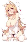 :d ahoge animal_ears bare_shoulders black_panties blonde_hair blush bow bow_panties breasts breasts_outside brown_hair collarbone fang fox_ears fox_tail hair_between_eyes hair_ribbon haruyuki_(yukichasoba) heart heart-shaped_pupils huge_breasts long_hair long_sleeves nail_polish navel nipples no_pants off_shoulder open_clothes open_mouth open_shirt original panties puffy_nipples purple_eyes red_eyes ribbon shiny shiny_skin shirt simple_background sitting smile solo symbol-shaped_pupils tail tareme thighhighs translated underwear wariza white_background white_legwear 