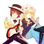  blonde_hair brown_eyes brown_hair gloves grin guitar holding instrument keyboard_(instrument) koto_suomi long_hair looking_at_viewer maribel_hearn multiple_girls short_hair simple_background sitting smile touhou usami_renko white_background yellow_eyes 