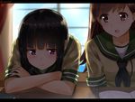  black_hair book braid brown_eyes brown_hair isshiki_(ffmania7) kantai_collection kitakami_(kantai_collection) multiple_girls ooi_(kantai_collection) pen purple_eyes school_uniform serafuku smile window 