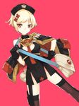  black_gloves blonde_hair breasts cape cleavage copyright_request dutch_angle gloves hair_ornament hairclip hat highres koto_suomi looking_at_viewer medium_breasts original red_background red_eyes sengoku_collection short_hair simple_background solo 