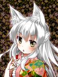  animal_ears chestnut_mouth floral_print fox_ears frilled_kimono frills geso_(nekomachi) japanese_clothes kimono long_hair original solo white_hair yellow_eyes 