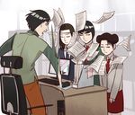  3boys bad_id bad_pixiv_id bookmark brown_pants chair closed_eyes computer computer_tower contemporary double_bun dress formal green_jacket green_shirt grey_jacket hyuuga_neji jacket keyboard_(computer) might_guy monitor mouse_(computer) mousepad_(object) multiple_boys naruto naruto_(series) necktie office_chair open_mouth pants paper red_dress red_neckwear rock_lee shasun3 shirt shouting suit table tenten throwing white_shirt window 