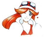  1girl blue_eyes breasts cleavage full_body gradient gradient_background helmet large_breasts long_hair looking_at_viewer mona mona_(warioware) motorcycle_helmet navel nintendo one_eye_closed orange_hair smile solo warioware wink 