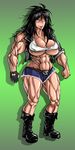  biceps black_hair boots breasts glove gloves grin huge_breasts jacket long_hair muscle short_pants skull smile thick_thighs thighs 