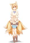  adapted_costume alternate_costume animal_ears bag bike_shorts blonde_hair blush brown_footwear collarbone commentary_request contemporary fox_ears fox_tail full_body handbag highres looking_at_viewer multiple_tails no_hat no_headwear puffy_sleeves shirt shoes short_hair shorts simple_background smile solo standing tail tamahana touhou white_background wristband yakumo_ran yellow_eyes 