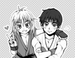  arm_around_shoulder blush collarbone crossed_arms dougi eyebrows eyebrows_visible_through_hair eyebrows_visible_through_headband fingerless_gloves gloves greyscale grin headband heart ken_masters monochrome multiple_boys muscle ryuu_(street_fighter) short_hair sleeveless smile street_fighter thick_eyebrows v wenny_aries younger 
