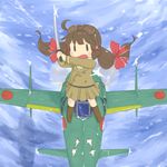  ahoge aircraft airplane brown_hair bsn fairy_(kantai_collection) goggles goggles_on_head hair_ribbon j7w_shinden kantai_collection military military_uniform ribbon shinden_(kantai_collection) sky solo standing_on_object strikers_1945 sword uniform weapon 